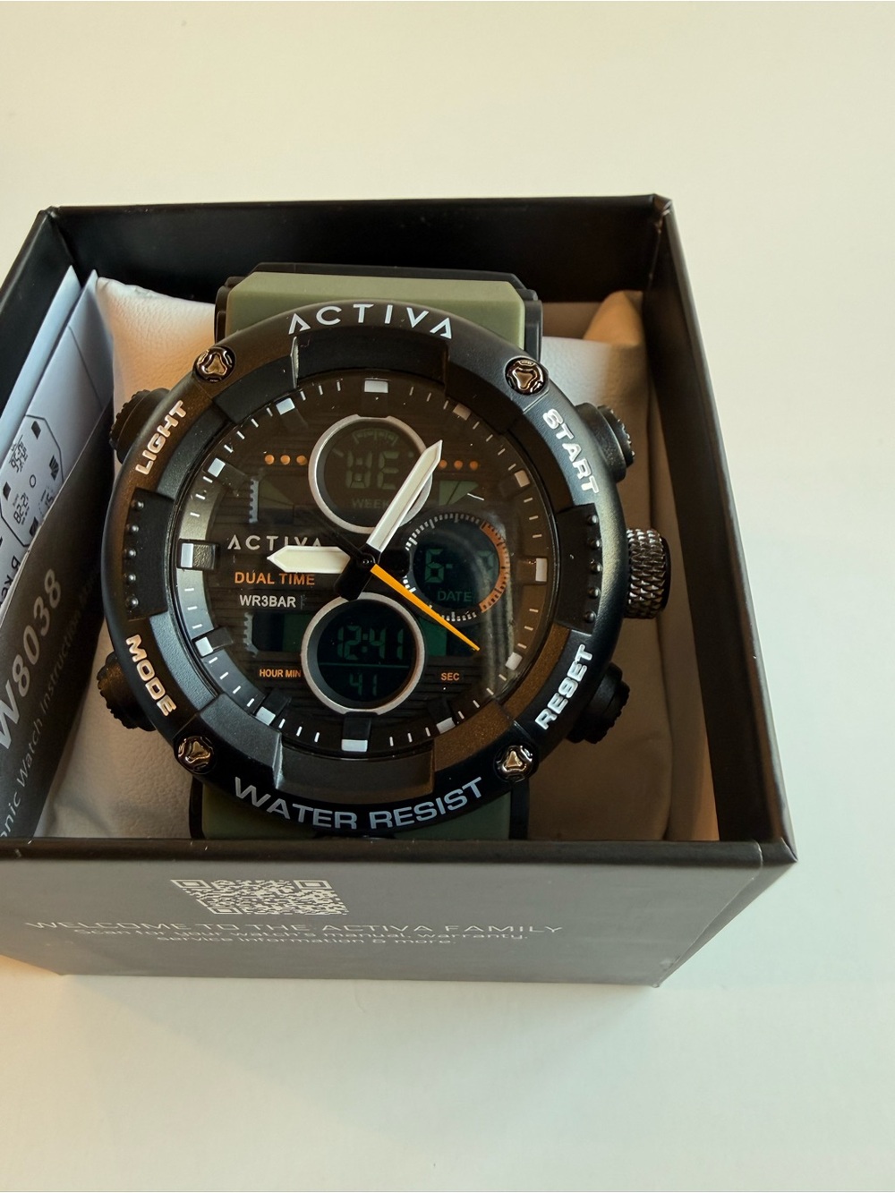 NWT Activa Men’s Dual Time Sport Watch Olive Green Black Analog Digital